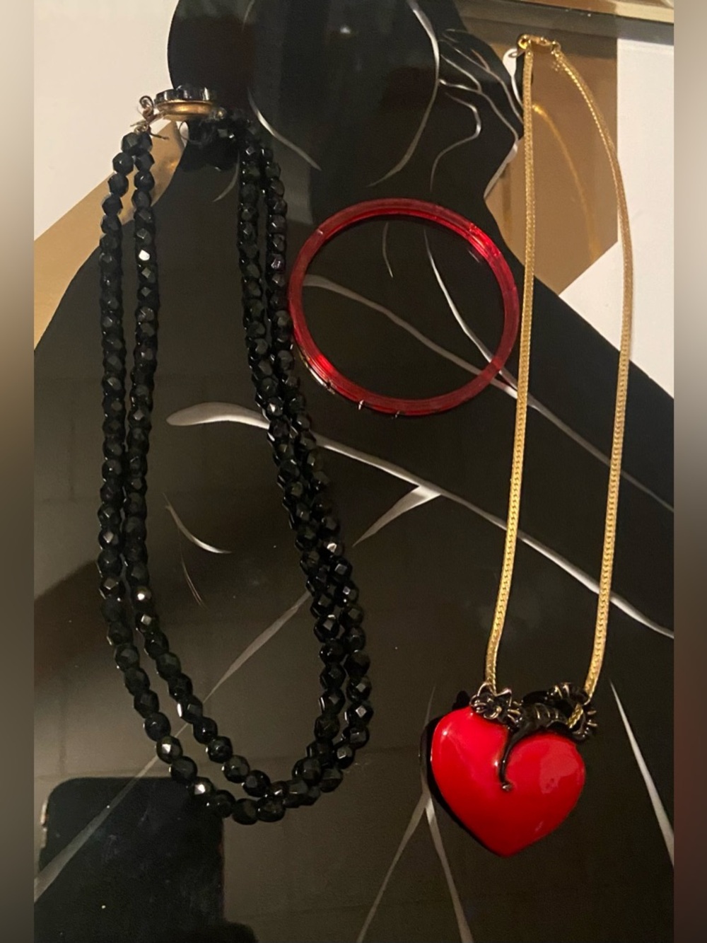 Red Heart w/Black Cat Necklace, a Multi Strand Black Necklace& Red Bracelet #340